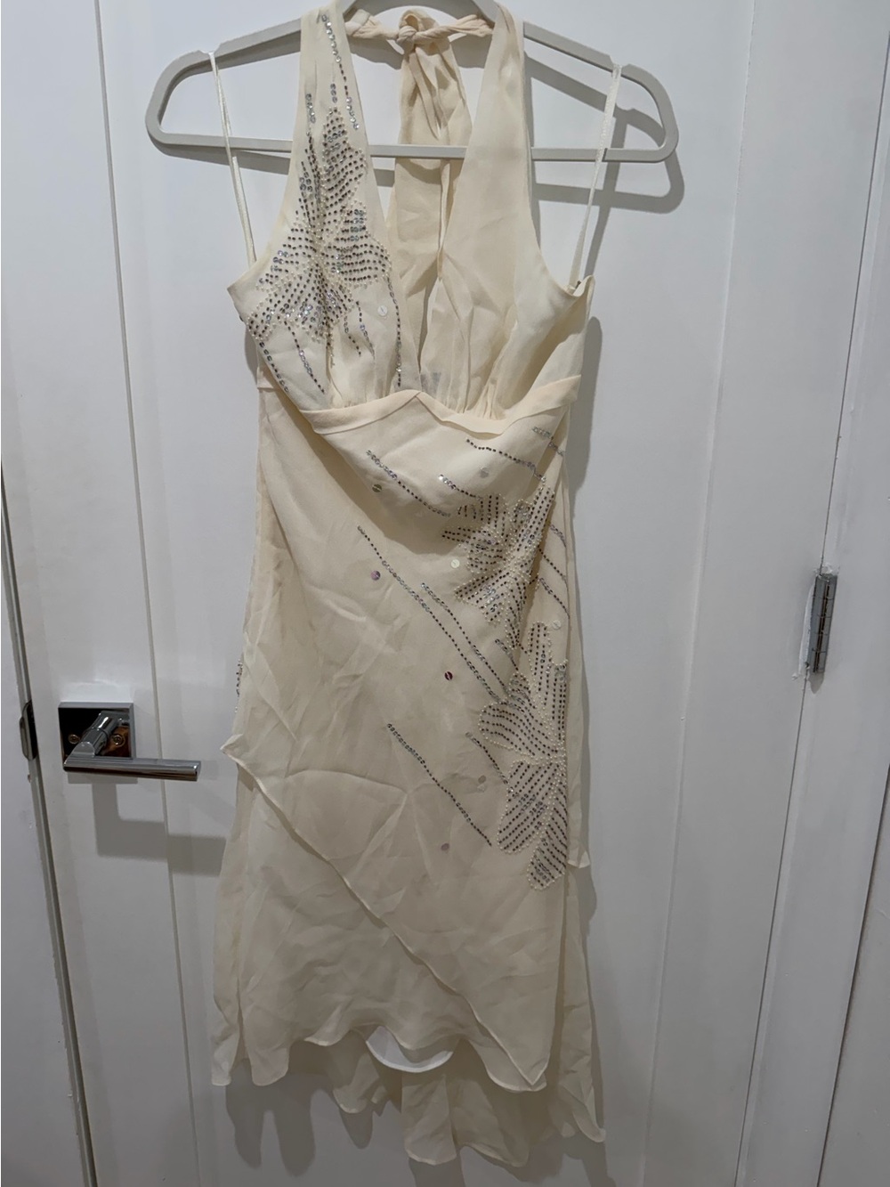 BCBGMaxAzria Vintage Cream Halter Beaded Chiffon Dress